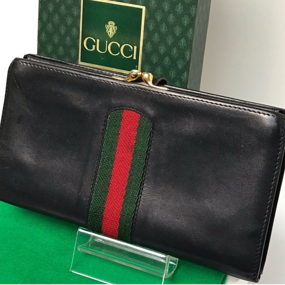 EUC Gucci Black Leather Sherry line twist lock long wallet with box - Picture 2 of 9